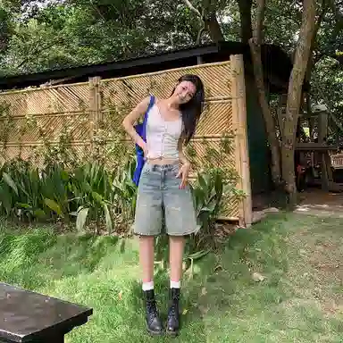 淑好百 复古高腰宽松小个子直筒五分牛仔短裤 女款