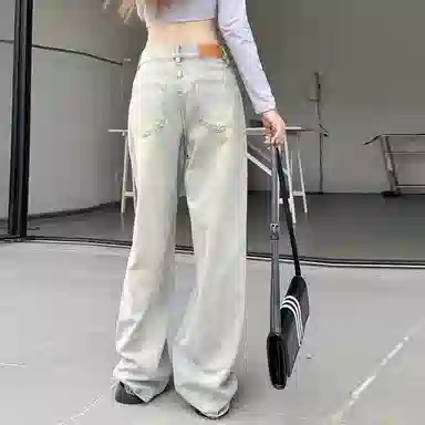 淑好百 有弹力宽松高腰直筒牛仔裤 女款 浅蓝色