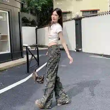 淑好百 迷彩工装夏季高腰牛仔裤 女款