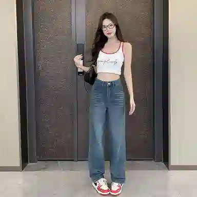 淑好百 蓝色大码复古高腰牛仔裤 女款