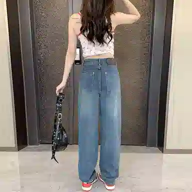 淑好百 蓝色大码复古高腰牛仔裤 女款