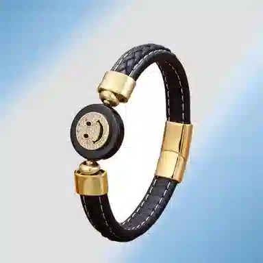 既白南兮 微笑笑脸 铜镶嵌锆石皮绳 手环 男女同款情侣款