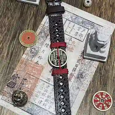 既白南兮 玄钱护安山鬼花钱本命年道系青年国风新中式文创 合金 皮革 手环 男女同款情侣款