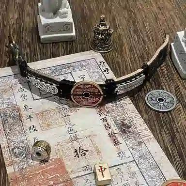 既白南兮 山鬼花钱五帝钱太岁本命年道系青年国风新中式文创 合金 皮革 手环 男女同款情侣款