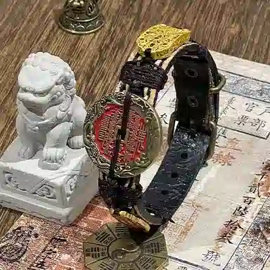 既白南兮 道韵护佑鱼跃龙门山鬼花钱本命道系青年太岁#好运 合金 皮革 手环 男女同款情侣款