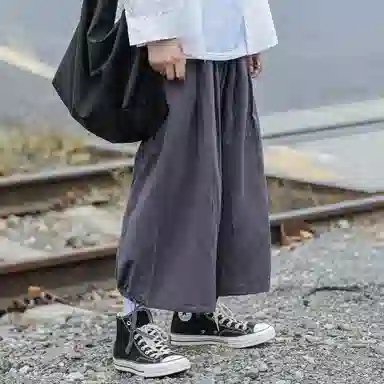 虫小绿 日系复古简约宽松百搭九分阔腿裤脚抽绳系带通勤必备休闲裤 男女同款