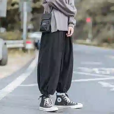 虫小绿 日系复古简约宽松百搭九分阔腿裤脚抽绳系带通勤必备休闲裤 男女同款