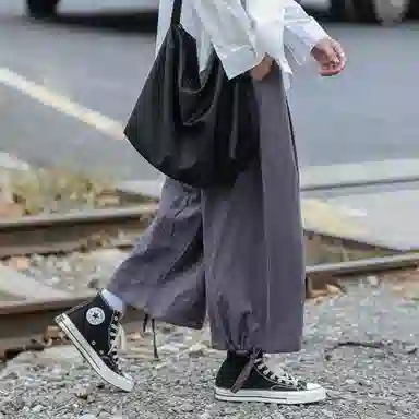 虫小绿 日系复古简约宽松百搭九分阔腿裤脚抽绳系带通勤必备休闲裤 男女同款