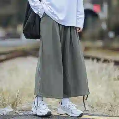 虫小绿 日系复古简约宽松百搭九分阔腿裤脚抽绳系带通勤必备休闲裤 男女同款