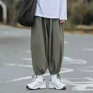 虫小绿 日系复古简约宽松百搭九分阔腿裤脚抽绳系带通勤必备休闲裤 男女同款