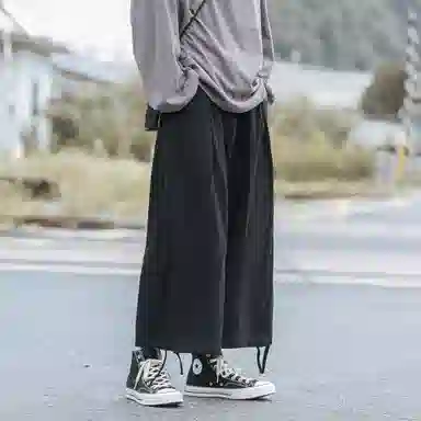 虫小绿 日系复古简约宽松百搭九分阔腿裤脚抽绳系带通勤必备休闲裤 男女同款