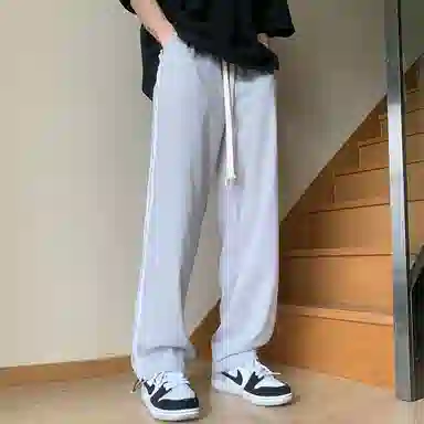 悍戈 美式复古高街基础款速干透气冰感侧边拼接撞色三条杠条纹户外机能宽松百搭潮流痞帅抽绳直筒阔腿卫裤运动垂感休闲裤 男女同款