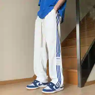 悍戈 美式复古高街基础款速干透气冰感侧边拼接撞色三条杠条纹户外机能宽松百搭潮流痞帅抽绳直筒阔腿卫裤运动垂感休闲裤 男女同款