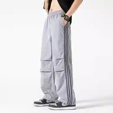 美式侧条纹织带褶皱宽松直筒运动降落伞兵休闲裤 男女同款