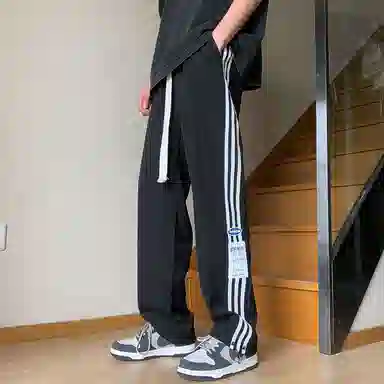 悍戈 美式复古高街基础款速干透气冰感侧边拼接撞色三条杠条纹户外机能宽松百搭潮流痞帅抽绳直筒阔腿卫裤运动垂感休闲裤 男女同款