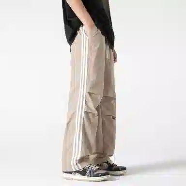 美式侧条纹织带褶皱宽松直筒运动降落伞兵休闲裤 男女同款