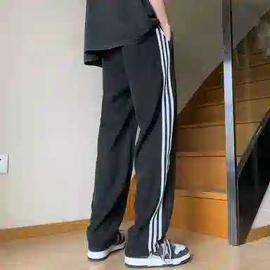 悍戈 美式复古高街基础款速干透气冰感侧边拼接撞色三条杠条纹户外机能宽松百搭潮流痞帅抽绳直筒阔腿卫裤运动垂感休闲裤 男女同款