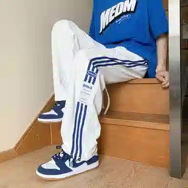 悍戈 美式复古高街基础款速干透气冰感侧边拼接撞色三条杠条纹户外机能宽松百搭潮流痞帅抽绳直筒阔腿卫裤运动垂感休闲裤 男女同款