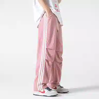 美式侧条纹织带褶皱宽松直筒运动降落伞兵休闲裤 男女同款