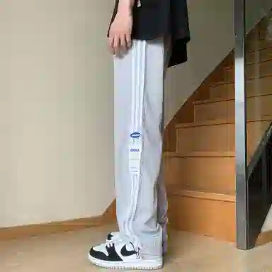 悍戈 美式复古高街基础款速干透气冰感侧边拼接撞色三条杠条纹户外机能宽松百搭潮流痞帅抽绳直筒阔腿卫裤运动垂感休闲裤 男女同款