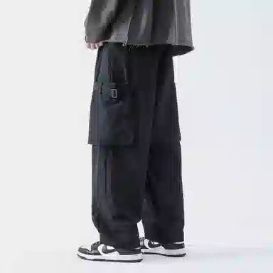虫小绿 美式复古高街宽松直筒大口袋纯色休闲遮肉户外机能风系带伞兵裤工装裤 男女同款