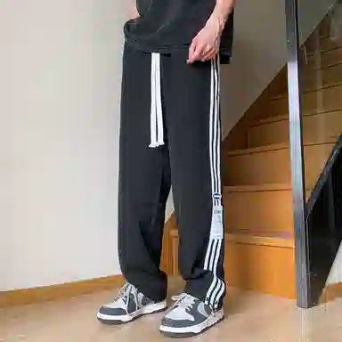 悍戈 美式复古高街基础款速干透气冰感侧边拼接撞色三条杠条纹户外机能宽松百搭潮流痞帅抽绳直筒阔腿卫裤运动垂感休闲裤 男女同款