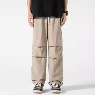 美式侧条纹织带褶皱宽松直筒运动降落伞兵休闲裤 男女同款