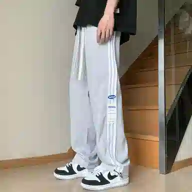 悍戈 美式复古高街基础款速干透气冰感侧边拼接撞色三条杠条纹户外机能宽松百搭潮流痞帅抽绳直筒阔腿卫裤运动垂感休闲裤 男女同款