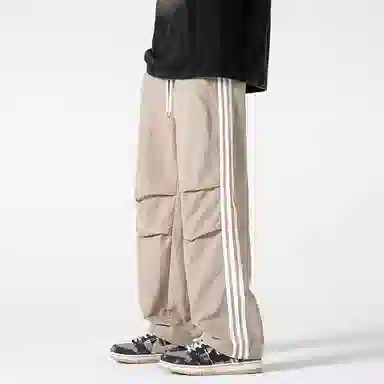 美式侧条纹织带褶皱宽松直筒运动降落伞兵休闲裤 男女同款