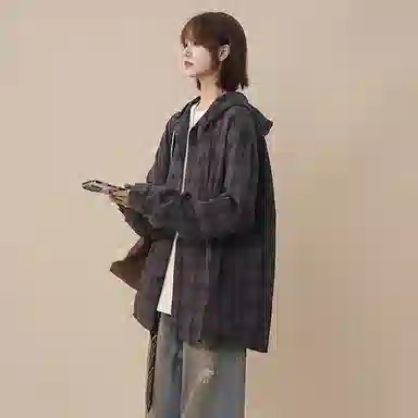 佑麟 美式复古连帽格子衬衫男长袖潮牌情侣泡泡纱衬衣夏季薄款防晒外套上衣 男女同款