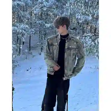 佑麟 美式短款牛仔外套夏季薄款痞帅高级感男装潮牌立领夹克 男女同款