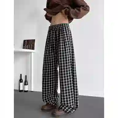 佑麟 美式格子裤子夏季薄款泡泡纱弯刀裤冰丝速干宽松直筒阔腿裤休闲裤 男女同款