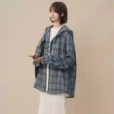 佑麟 美式复古连帽格子衬衫男长袖潮牌情侣泡泡纱衬衣夏季薄款防晒外套上衣 男女同款