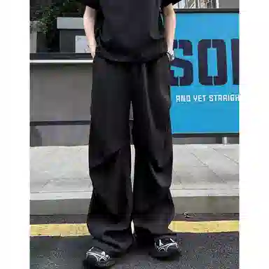 佑麟 黑色速干褶皱弯刀西裤夏季薄款冰丝伞兵裤美式微喇直筒阔腿裤休闲裤 男女同款