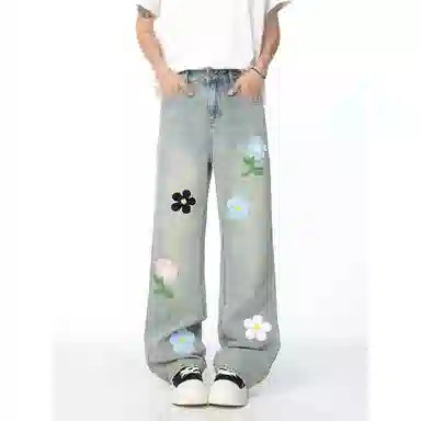 佑麟 花朵刺绣夏季薄款美式裤子潮牌痞帅炸街弯刀微喇裤牛仔裤 男女同款