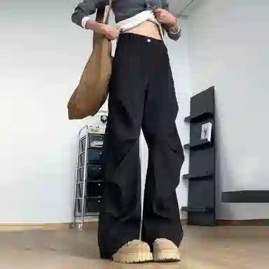 佑麟 黑色褶皱微喇西裤秋季痞帅高级感垂坠感直筒裤子宽松阔腿西装裤 男女同款