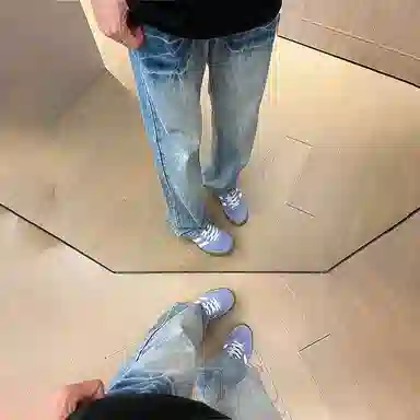 佑麟 美式高街提档微喇裤子高级感窄版显瘦直筒裤闪电裂纹牛仔裤 男女同款