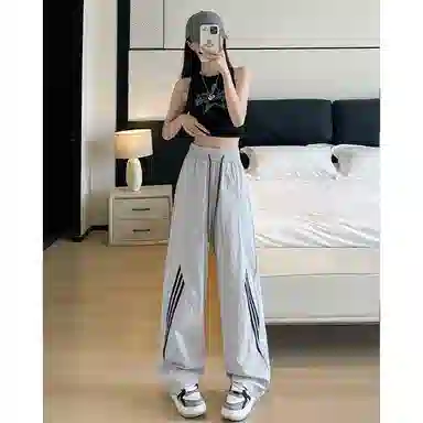 佑麟 三条杠速干运动裤夏季薄款直筒休闲裤子大码宽松条纹阔腿裤长裤 男女同款