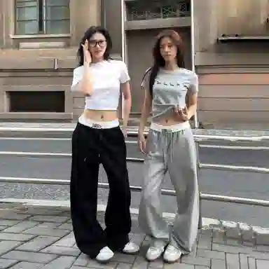 佑麟 美式弯刀裤子秋季高腰头拼接阔腿卫裤直筒休闲裤 男女同款