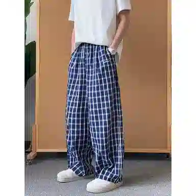 佑麟 美式格子裤子夏季薄款泡泡纱弯刀裤冰丝速干宽松直筒阔腿裤休闲裤 男女同款