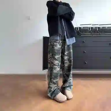 佑麟 美式水洗迷彩高腰卫裤秋季高级感潮牌运动裤弯刀直筒裤子休闲裤 男女同款