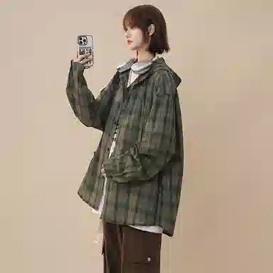 佑麟 美式复古连帽格子衬衫男长袖潮牌情侣泡泡纱衬衣夏季薄款防晒外套上衣 男女同款