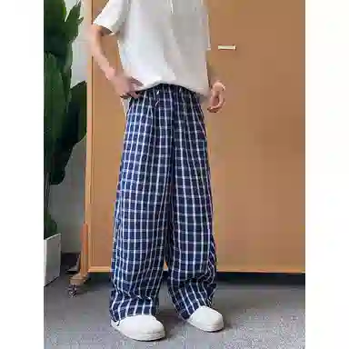 佑麟 美式格子裤子夏季薄款泡泡纱弯刀裤冰丝速干宽松直筒阔腿裤休闲裤 男女同款