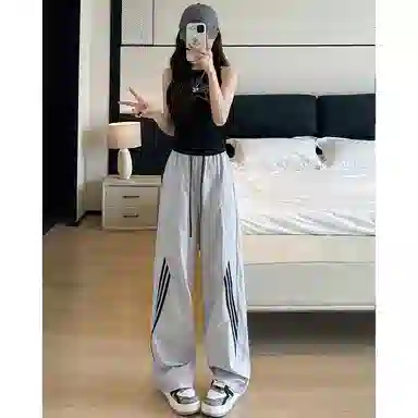 佑麟 三条杠速干运动裤夏季薄款直筒休闲裤子大码宽松条纹阔腿裤长裤 男女同款