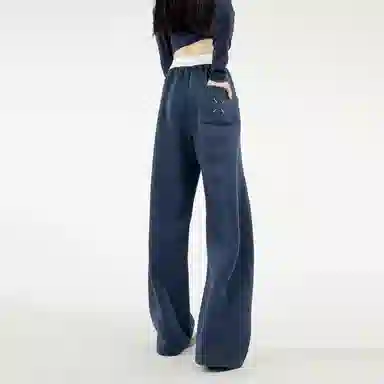佑麟 美式弯刀裤子秋季高腰头拼接阔腿卫裤直筒休闲裤 男女同款