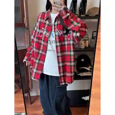 佑麟 格子设计感美式复古宽松潮牌格纹外套长袖衬衫 男女同款