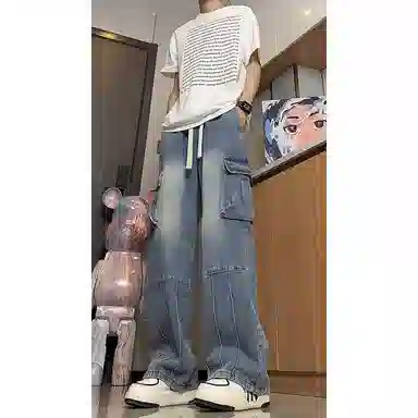 佑麟 拼接工装夏季美式痞帅大口袋阔腿裤子直筒弯刀休闲裤牛仔裤 男女同款