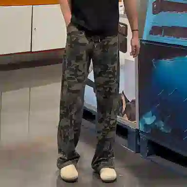 佑麟 美式复古迷彩裤直筒运动卫裤宽松阔腿裤子垂感高腰休闲裤 男女同款