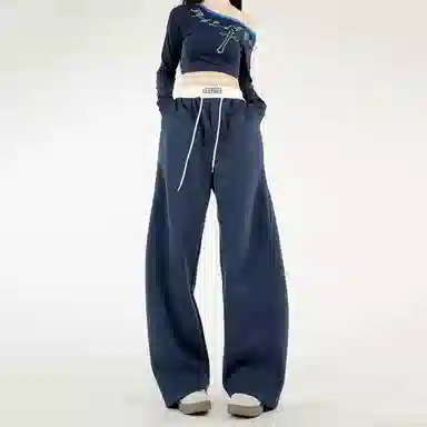 佑麟 美式弯刀裤子秋季高腰头拼接阔腿卫裤直筒休闲裤 男女同款