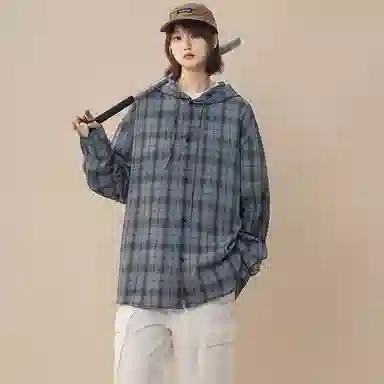 佑麟 美式复古连帽格子衬衫男长袖潮牌情侣泡泡纱衬衣夏季薄款防晒外套上衣 男女同款